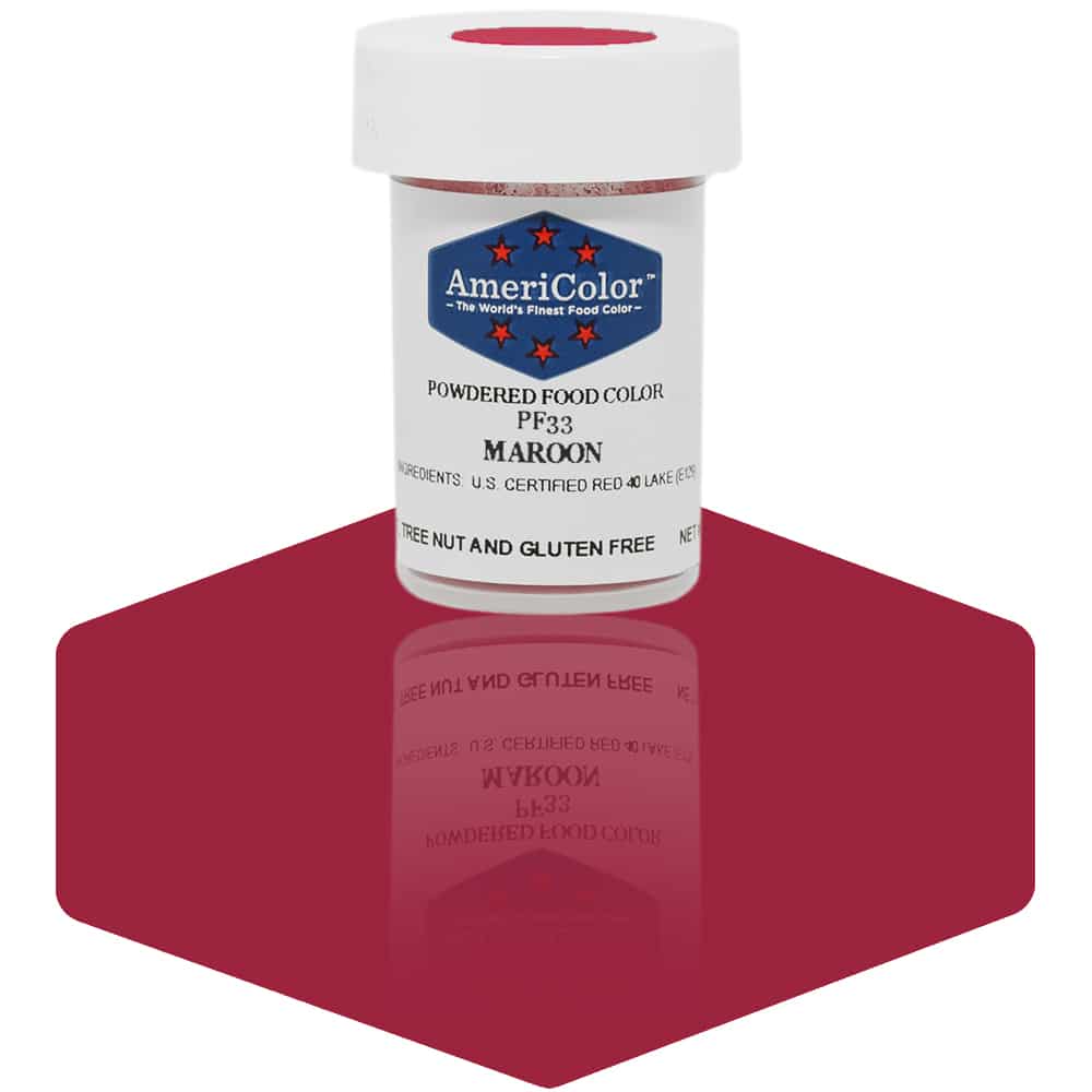 AmeriColor Maroon powdered food coloring 3 gram container showing deep red powder for elegant buttercream accents.