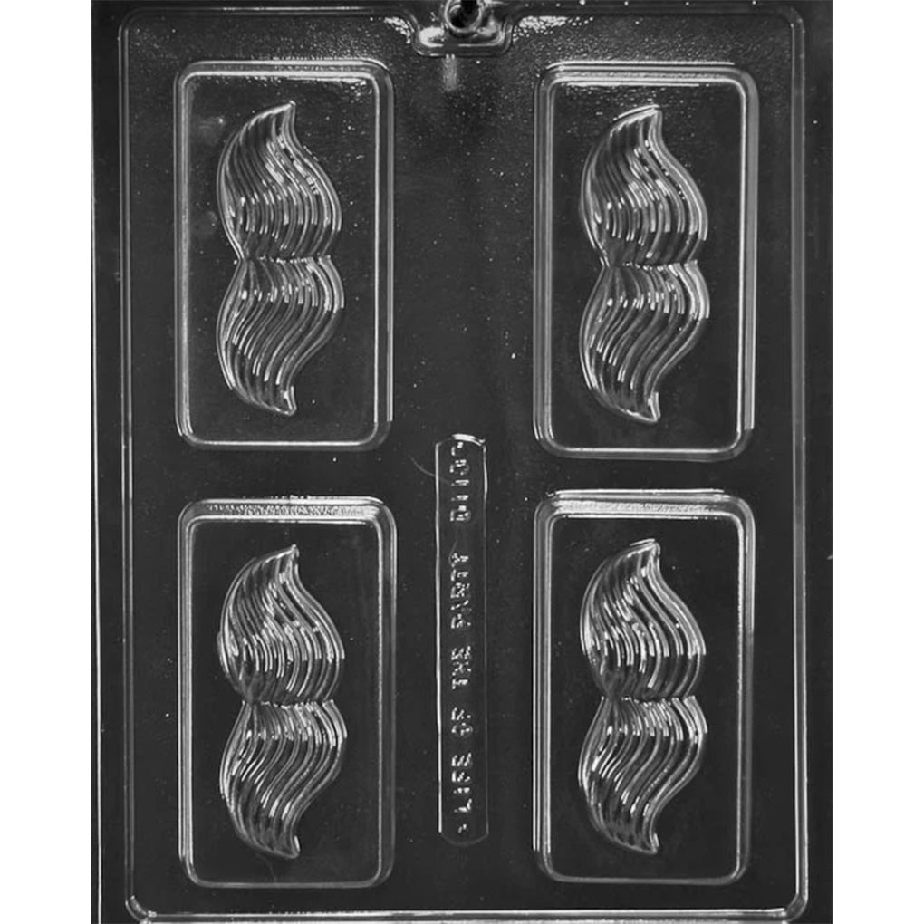 Mustache chocolate bar mold with four rectangular cavities, each featuring a raised mustache design