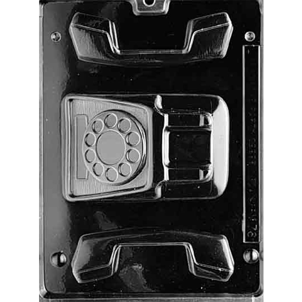 Clear plastic Medium Rotary Telephone Chocolate Mold with three cavities forming a detailed phone base and two matching handset halves