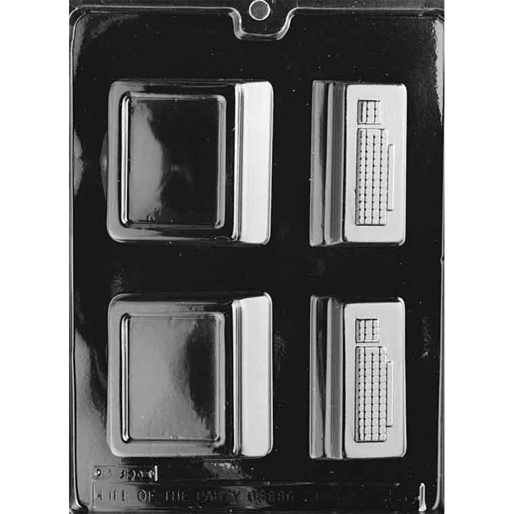 Four-cavity medium vintage computer chocolate mold with two CRT-style monitors and two detailed keyboards for making two assembled computer sets