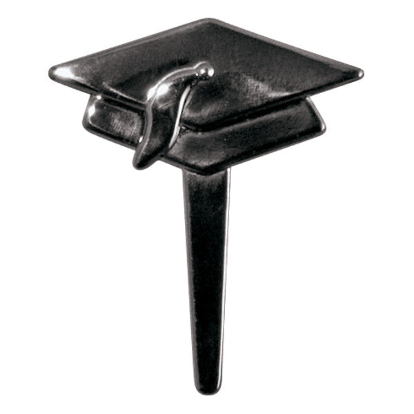 Black metallic graduation cap cupcake pick with detailed tassel design.