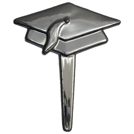 black metallic graduation cap cupcake topper with tassel, shaped like a mortarboard hat.