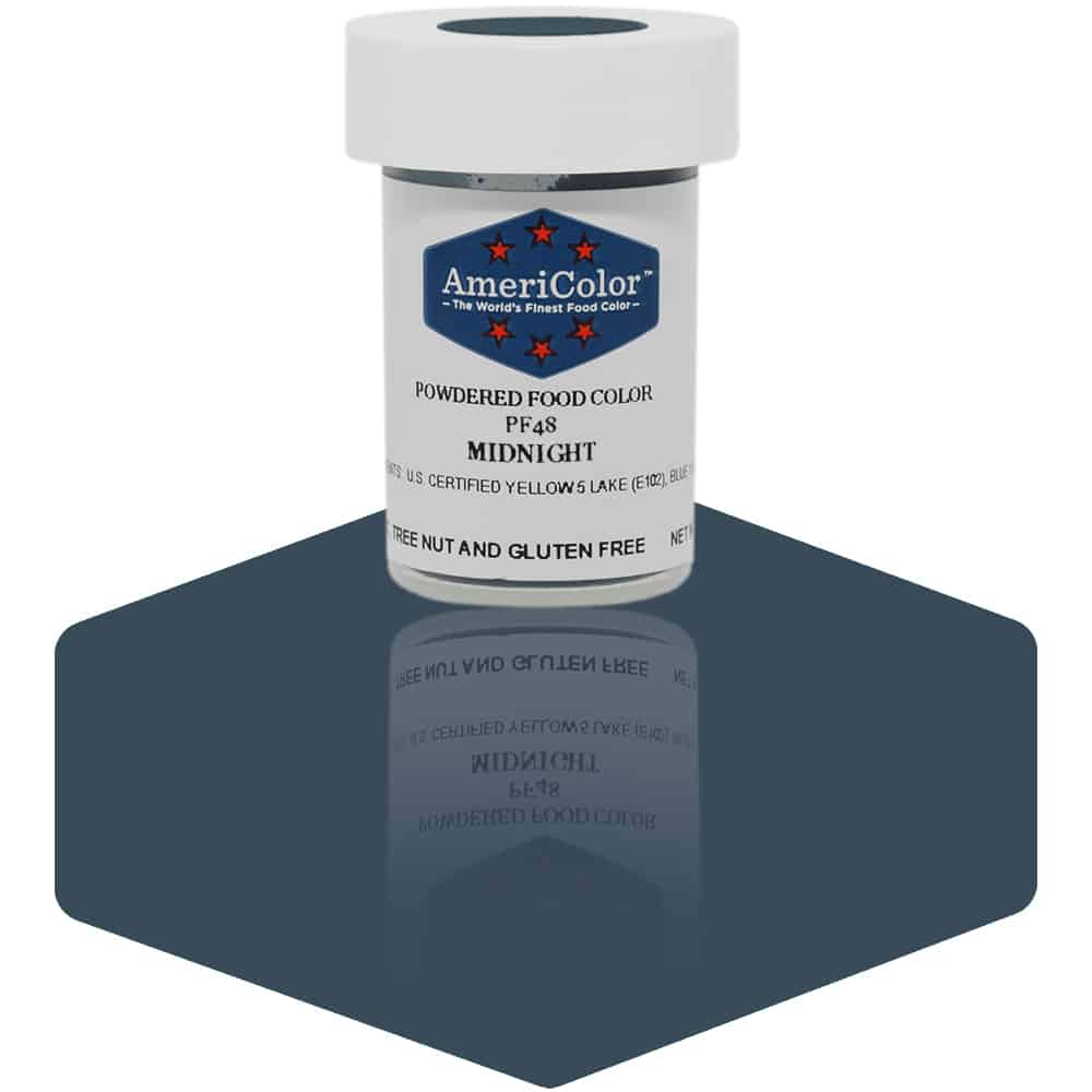 AmeriColor Midnight powdered food coloring 3 gram jar with dark navy-toned powder for moody cake palettes.