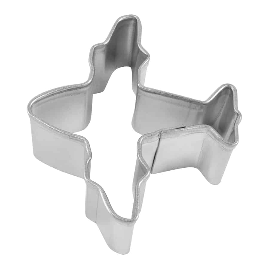 Mini airplane-shaped cookie cutter made of silver metal, showing its detailed shape.