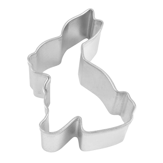 Mini bunny-shaped cookie cutter made of silver metal, showing its detailed silhouette.