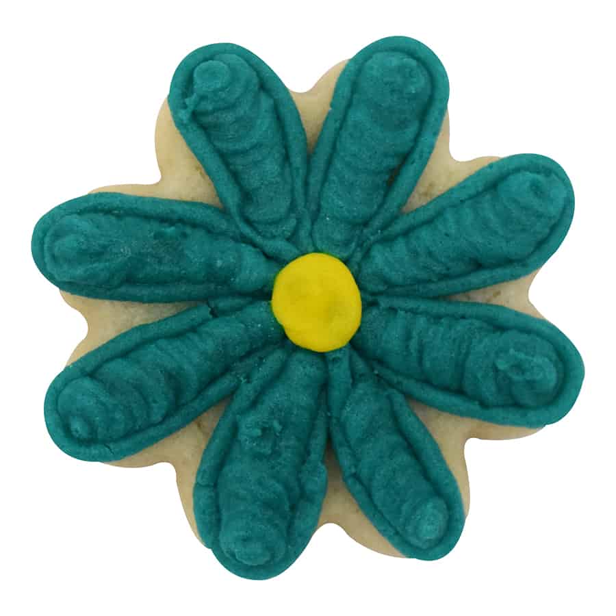 Daisy-shaped sugar cookie decorated with teal frosting for petals and a yellow center.