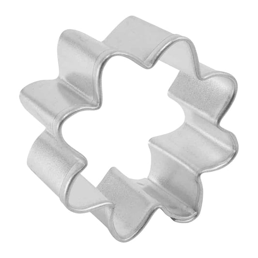 Angled view of a mini daisy cookie cutter, showing its sturdy metal frame.