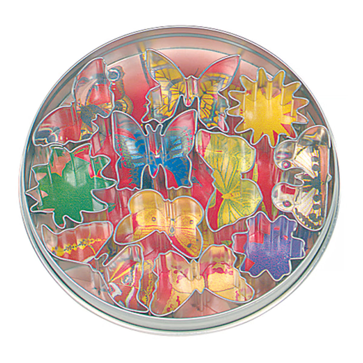 Set of 11 mini butterfly and flower-shaped cookie cutters stored in a round tin with a colorful background.
