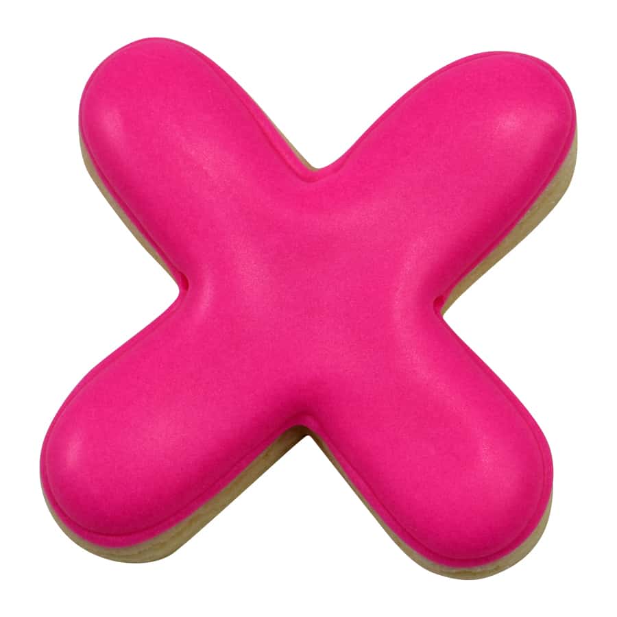 A decorated "X" shaped cookie with vibrant pink icing, showcasing a smooth and glossy finish.
