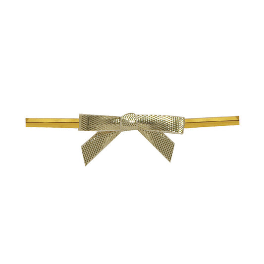 Pre-tied gold ribbon bow with textured metallic finish attached to a straight gold wire twist tie, shown on a white background.