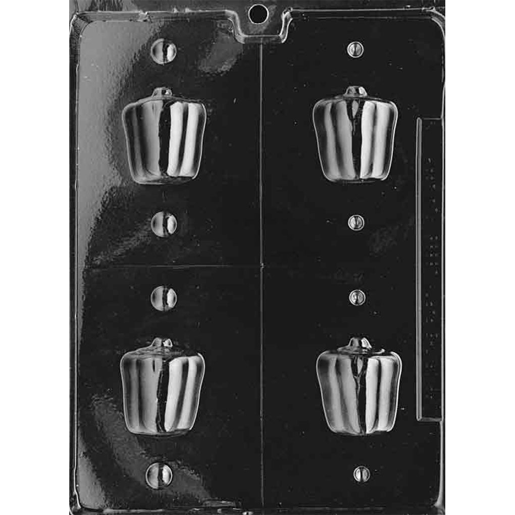 Clear plastic Mini 3D Pepper Chocolate Mold with four matching half-cavities for two 1 7/8-inch bell peppers with molded stems