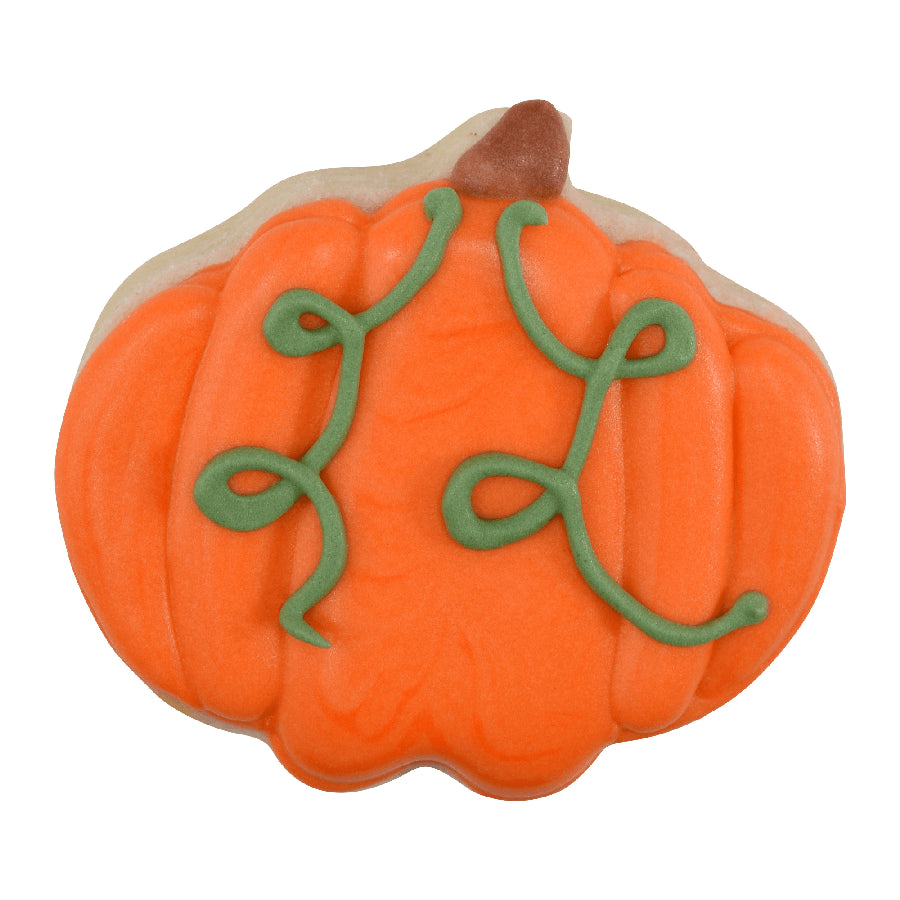 Decorated pumpkin-shaped cookie with orange icing and green vines, made using a 1.5-inch mini pumpkin cookie cutter.