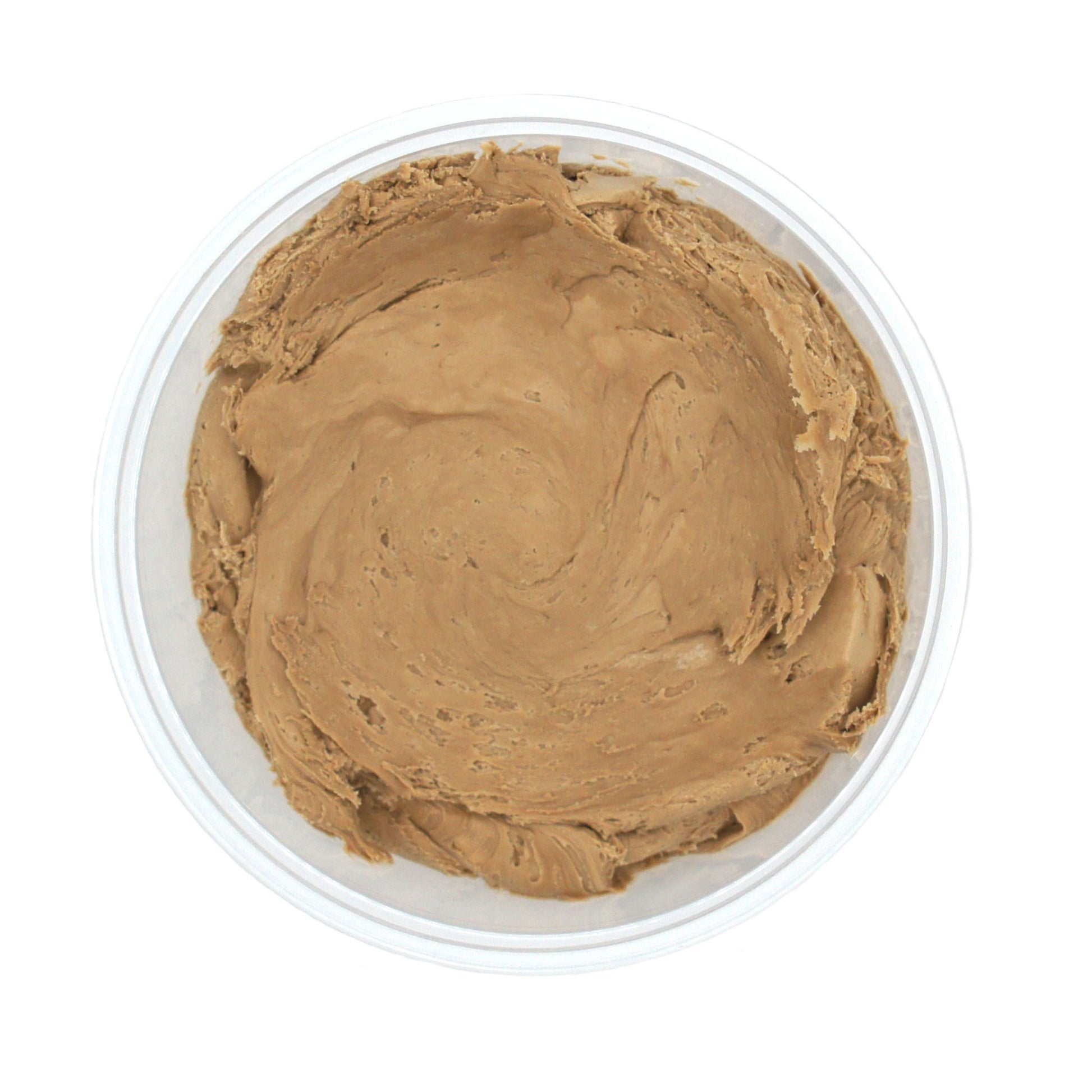 Top view of a creamy mocha candy center in a swirl pattern inside a clear container.