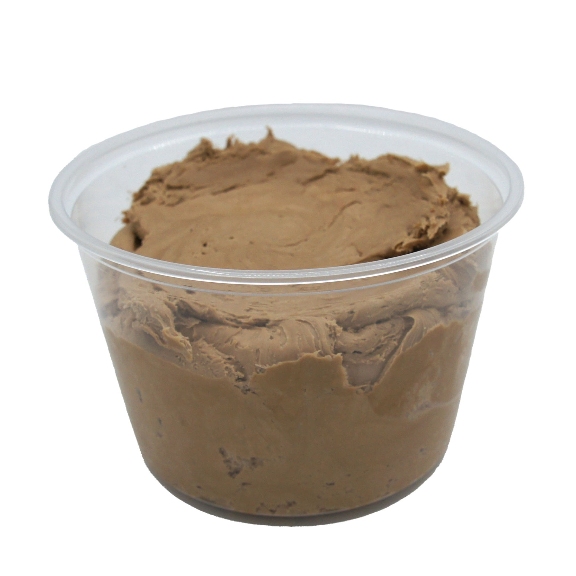 Clear plastic container filled with rich, light brown mocha candy center, smooth and ready to shape.