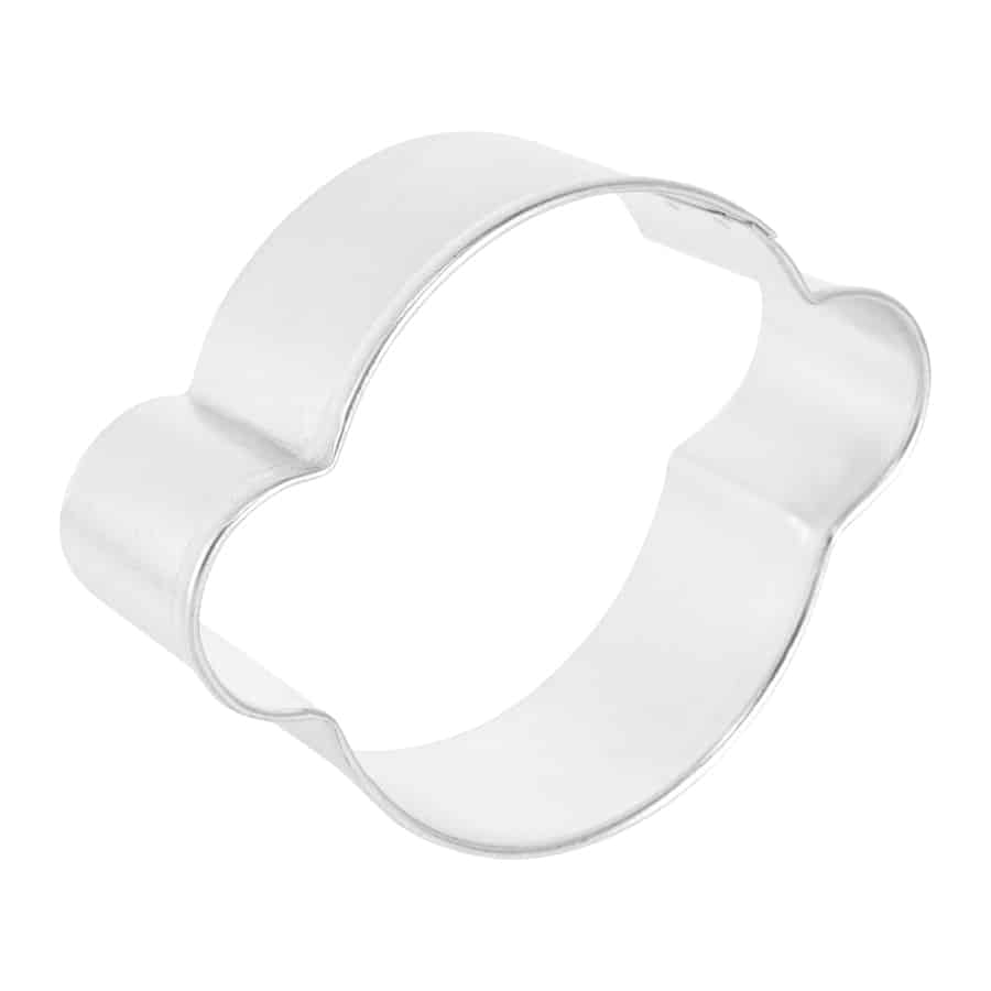 Side view of a monkey face cookie cutter, showing its curved design and sturdy edges.