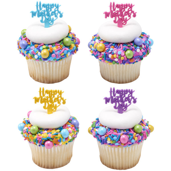 Four colorful sprinkle-covered cupcakes with white frosting and pastel “Happy Mother’s Day” picks in pink, purple, teal, and yellow.