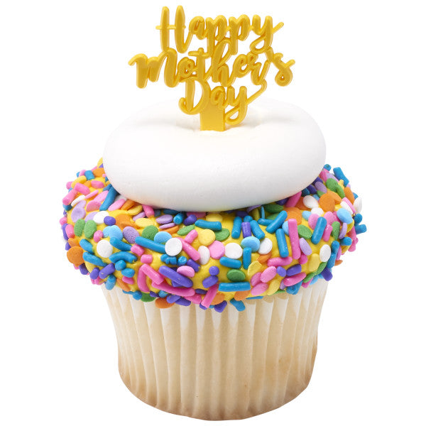 Close-up of a single cupcake covered in rainbow sprinkles with a white frosting swirl and yellow “Happy Mother’s Day” pick.