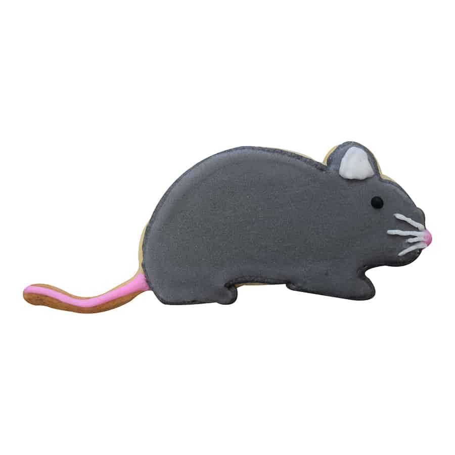 Decorated mouse cookie with gray icing, pink tail, and white whiskers.