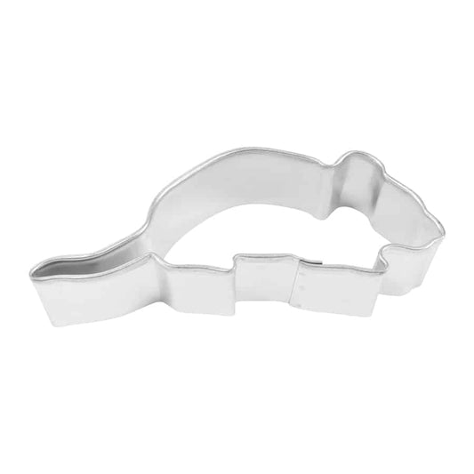 Metal mouse cookie cutter with a rounded body and tail, front view.