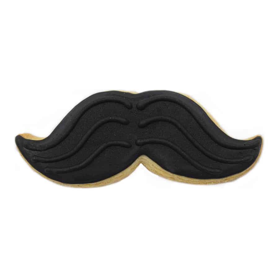 Black mustache cookie with textured icing for a classic handlebar look.