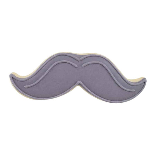 Decorated mustache cookie with smooth gray icing and mustache details.