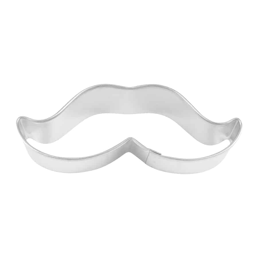 Mustache-shaped metal cookie cutter, measuring 3.75 inches wide.