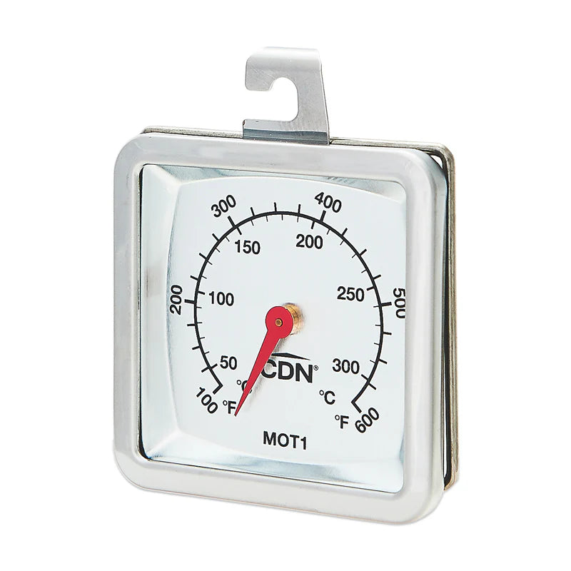 Angled view of CDN Multi-Mount Oven Thermometer showing stainless steel housing and mounting hook.