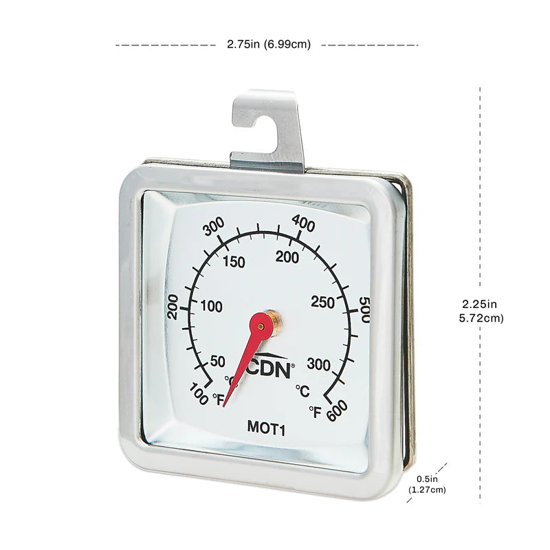 CDN Multi-Mount Oven Thermometer with measurement dimensions in inches and centimeters.