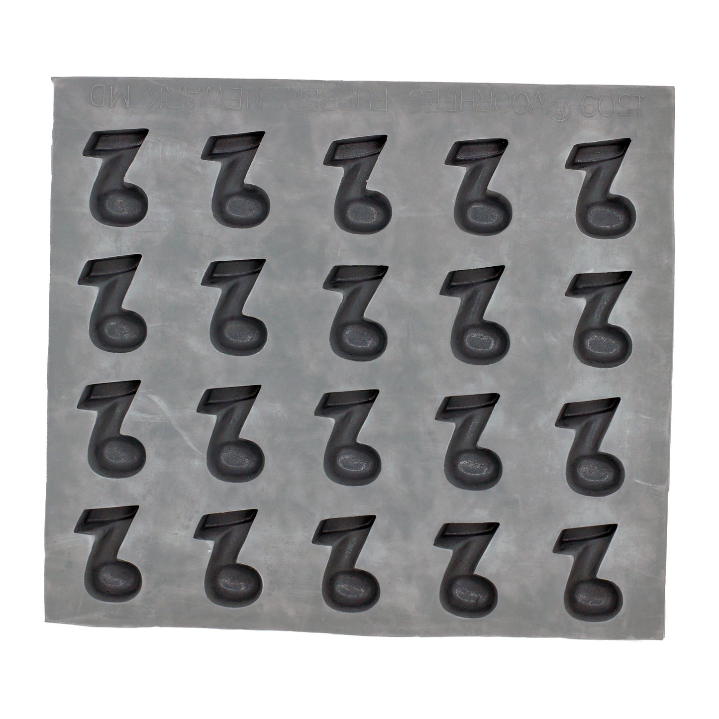 Full sheet of 20 music note-shaped cavities in a natural rubber mold used for creating music-themed mints, chocolates, or crafts.