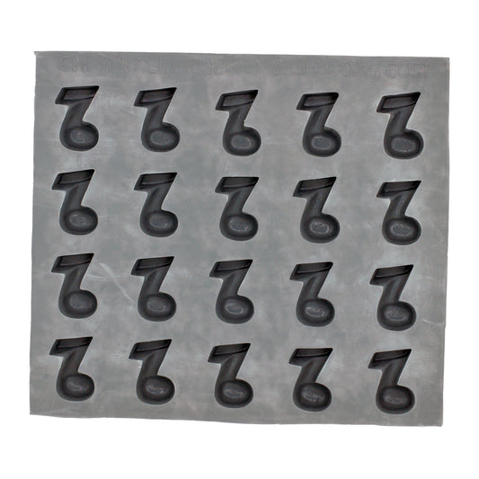 Full sheet of 20 music note-shaped cavities in a natural rubber mold used for creating music-themed mints, chocolates, or crafts.