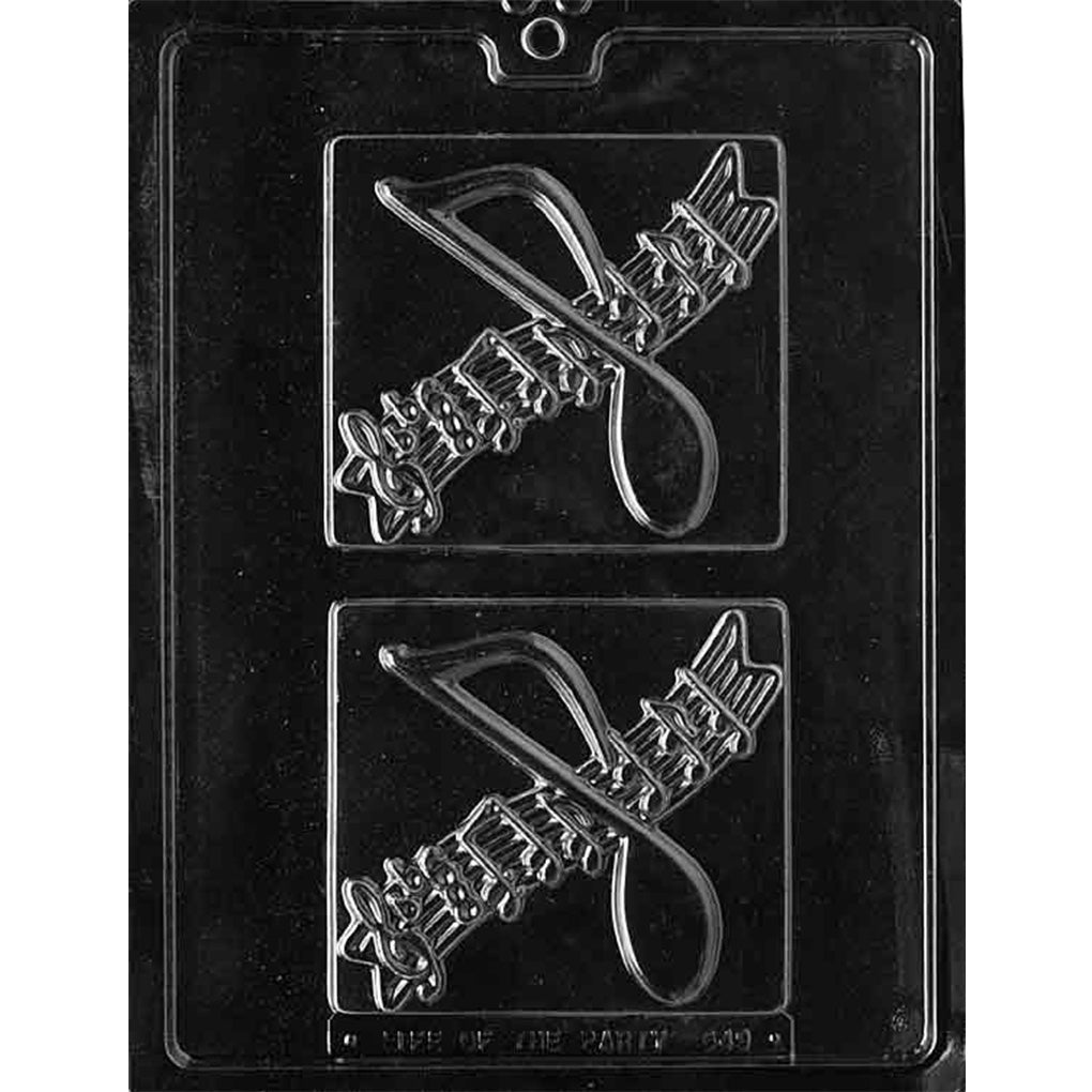 Clear Music Plaque Square Bar Chocolate Mold photographed against a black background with two square cavities featuring treble clefs and musical notes