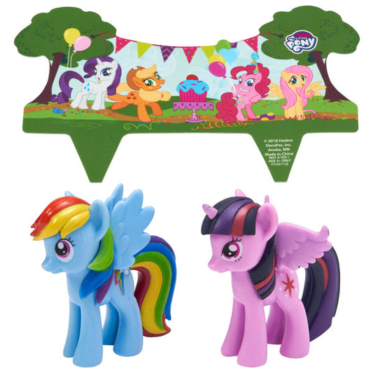 Close-up of included My Little Pony kit: Rainbow Dash, Twilight Sparkle, and party scene placard