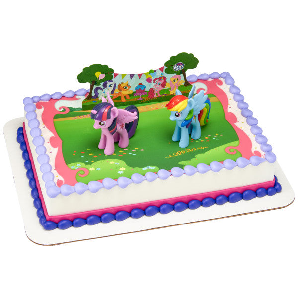 Sheet cake with My Little Pony decorations and colorful piped borders