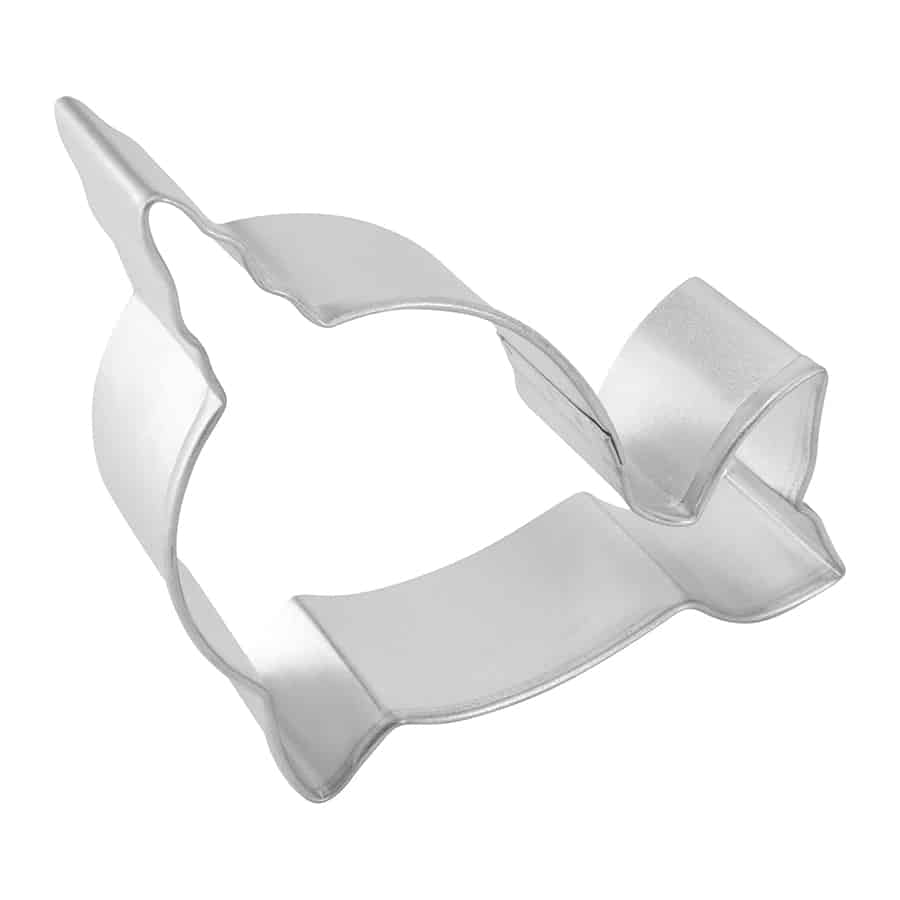 Side-angle view of the narwhal cookie cutter, showcasing its depth and smooth cutting edges.