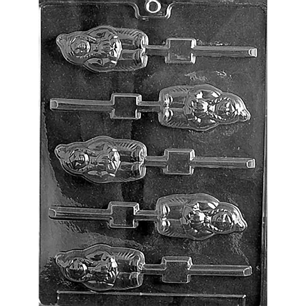Native American chocolate lollipop mold with five figure-shaped cavities and stick channels