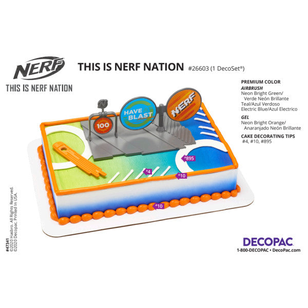 Decorating guide image showing Nerf cake topper set placed on gradient blue and green iced cake, with detailed instructions for airbrush and gel icing color application, designed for Nerf-themed celebrations.
