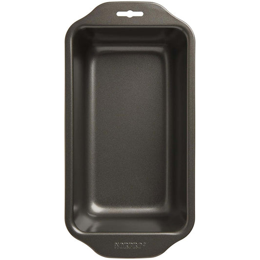 Top view of a nonstick loaf pan with a rectangular interior and wide handles at both ends
