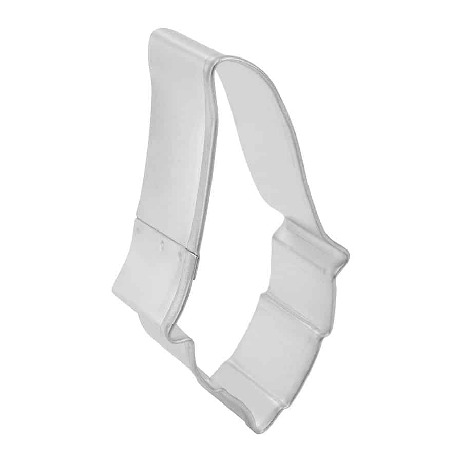 Angled view of the Nordic gnome cookie cutter showing its depth and detailed edges.