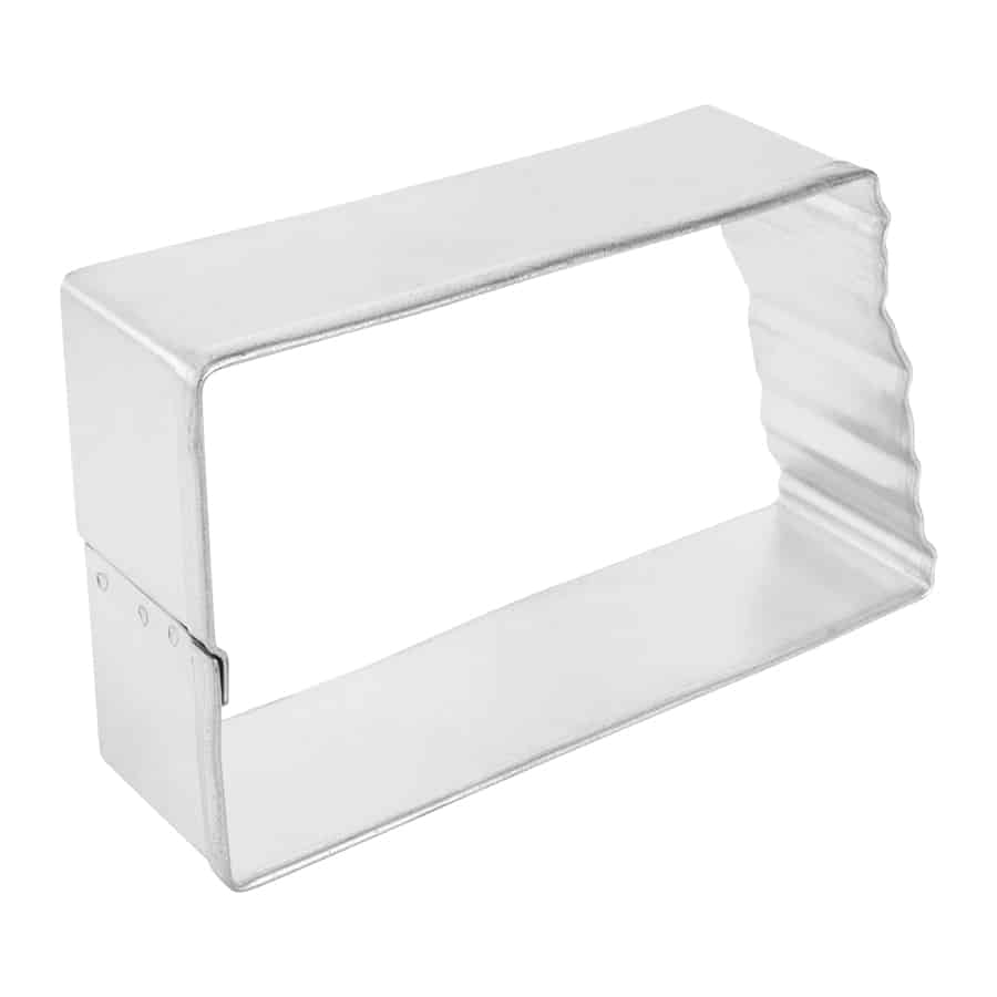 Angled side view of the North Dakota cookie cutter, highlighting its structure and depth.