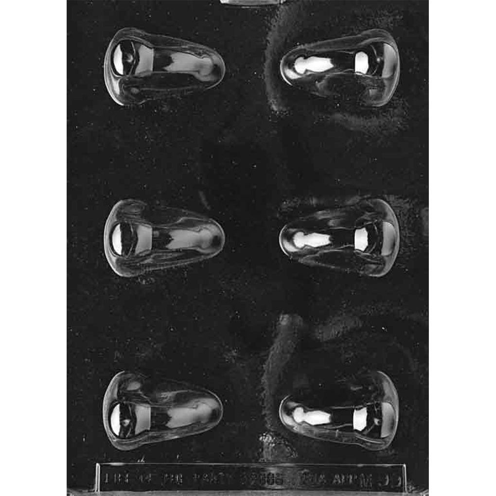 Clear plastic chocolate mold with six 3D nose-shaped cavities arranged in two columns, each cavity forming a rounded nose with visible nostrils.