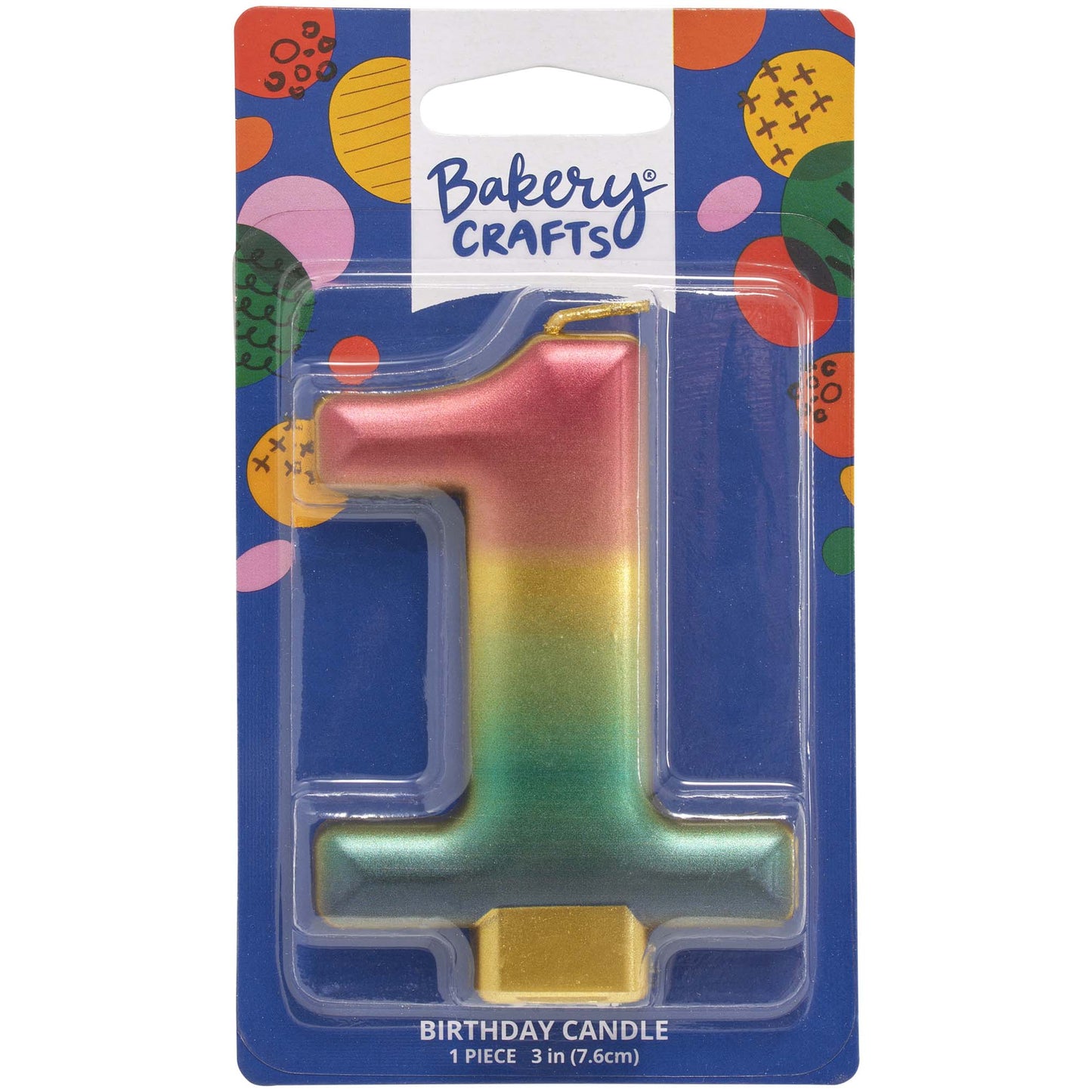 Packaged metallic rainbow number 1 birthday candle with a pink-to-gold-to-green-to-blue gradient and a gold base, on a blue Bakery Crafts card.
