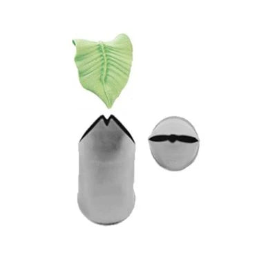 Ateco 114 Leaf Tip shown from top and side angles with a piped green leaf example, demonstrating the tip’s ability to create detailed, veined buttercream leaves.