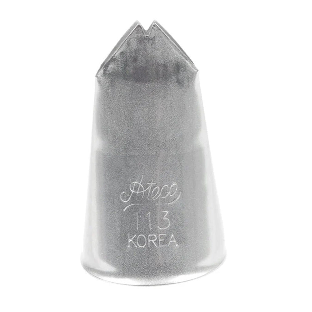 Close-up of the Ateco 113 Leaf Piping Tip, featuring a wide V-shaped opening designed for piping large buttercream leaves and decorative shell-style borders.