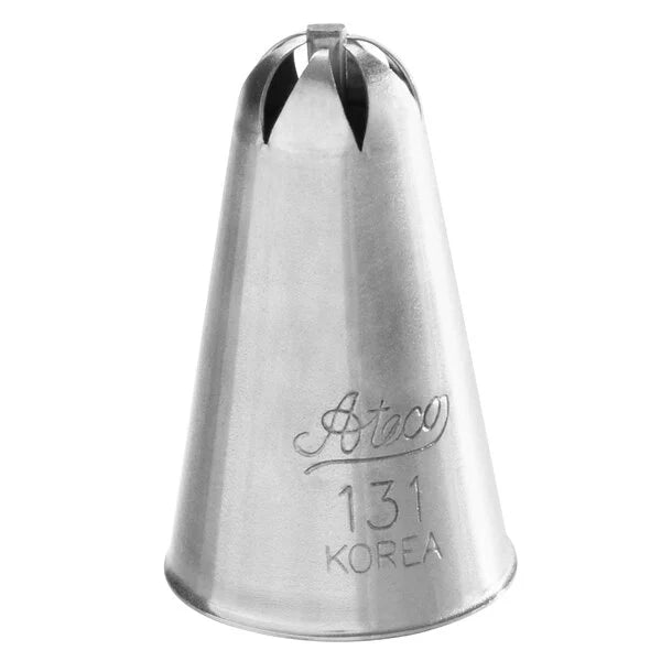 Ateco 131 drop flower piping tip with a fluted, cross-bar opening, designed for medium-sized icing flowers; made of stainless steel.