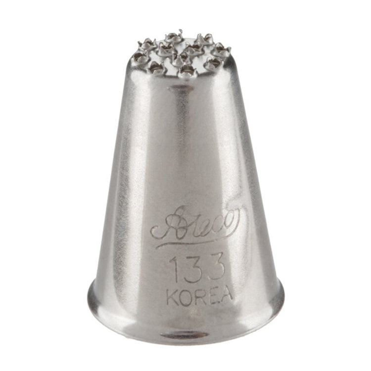 Ateco 133 Grass piping tip, cone-shaped metal nozzle with multiple small holes for piping grass, hair, fur, or textured icing details.