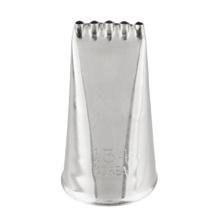 Ateco 134 five-hole piping tip with a wide, flat opening divided into five slots, engraved with branding and number, shown upright on a white background.