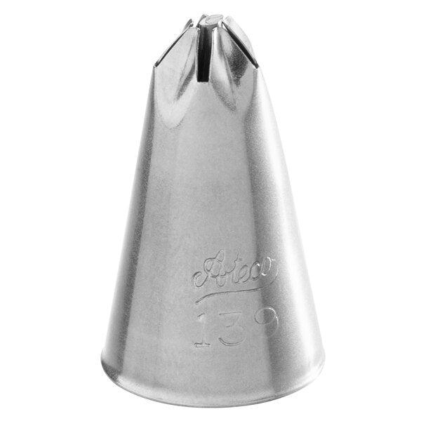 Ateco 139 drop flower piping tip featuring a small 0.31" fluted opening and a central cross-bar, used for piping fine, swirled icing flowers; stainless steel finish.