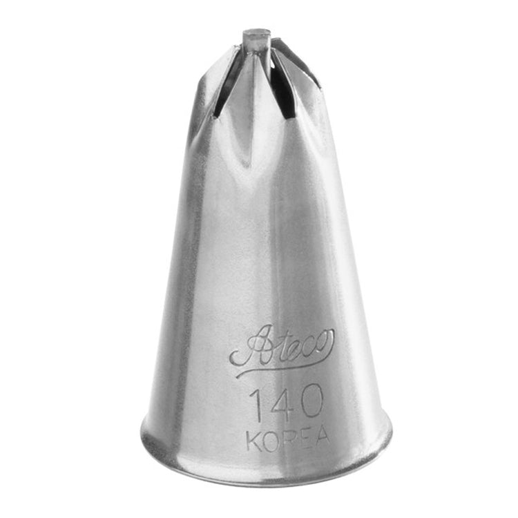 Close-up of the Ateco 140 Drop Flower Piping Tip, showcasing its star-shaped opening with a central cross-bar, made of stainless steel with engraved branding and size details, photographed on a white background.