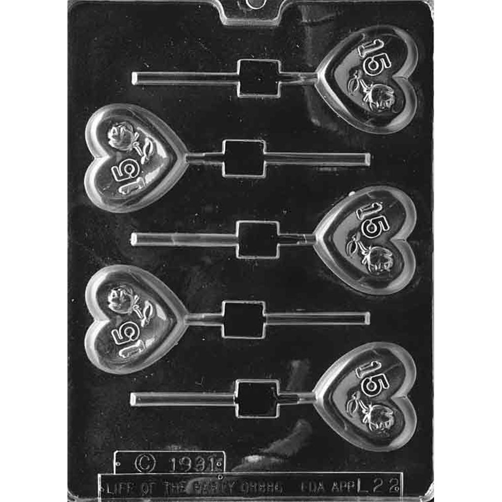 Clear plastic chocolate lollipop mold with five 2-inch heart cavities featuring a raised number 15, rose design, heart border, and built-in stick channels