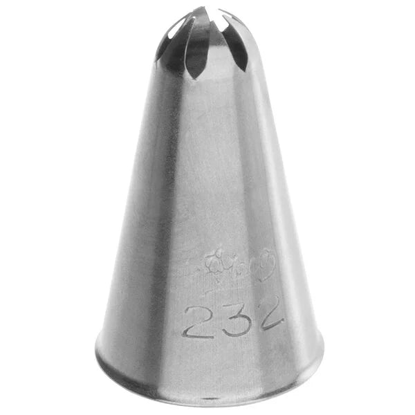 Ateco 232 closed star piping tip with a 0.24" curved star-shaped opening, designed for piping small ridged rosettes, stars, and borders; stainless steel finish.